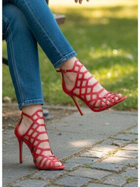 Red Strappy High Heeled Sandals With Cutout Design & Adjustable Buckle Chic Even